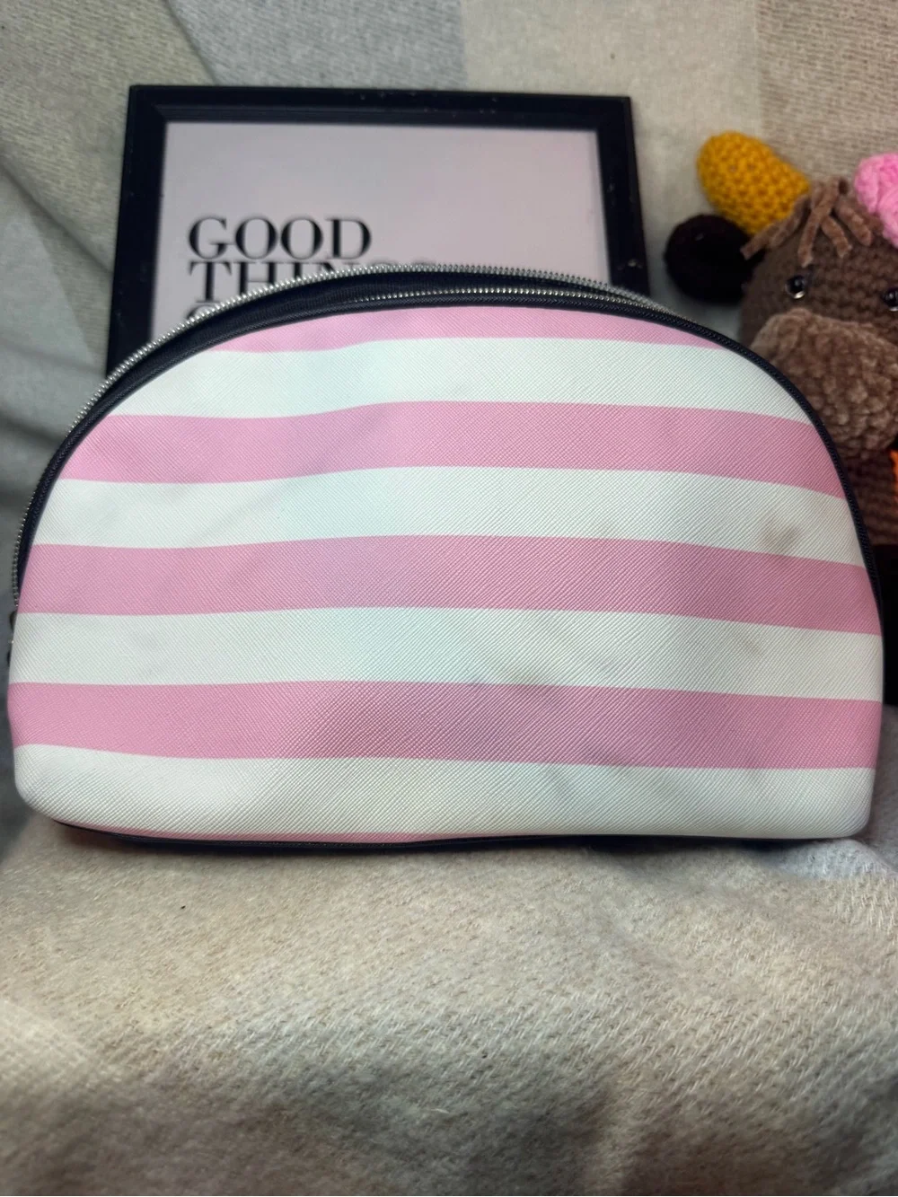 PINK Victoria's Secret Pink & White Striped Tropical Anchor Cosmetic Bag